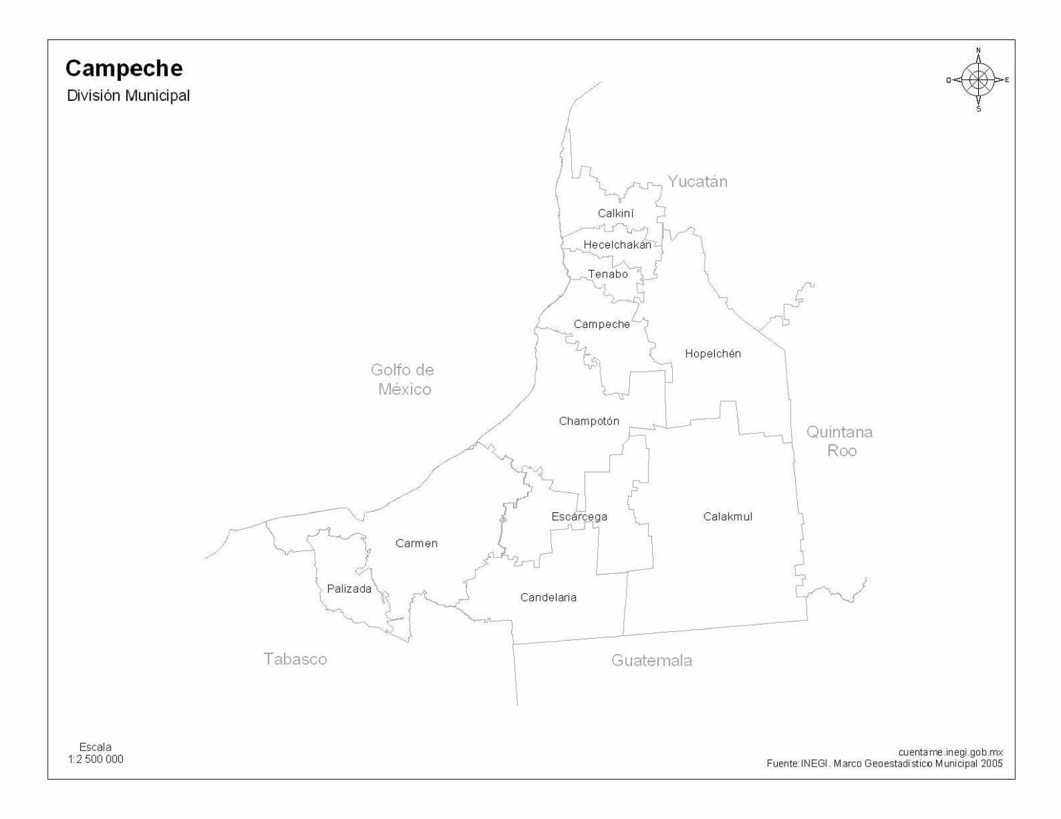 Mapa De Campeche Con Nombres En Blanco Y Negro Descarga