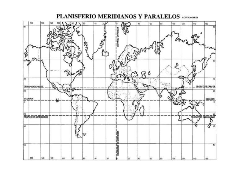 Planisferio De Los Meridianos Y Paralelos Con Nombres Y Sin Nombres