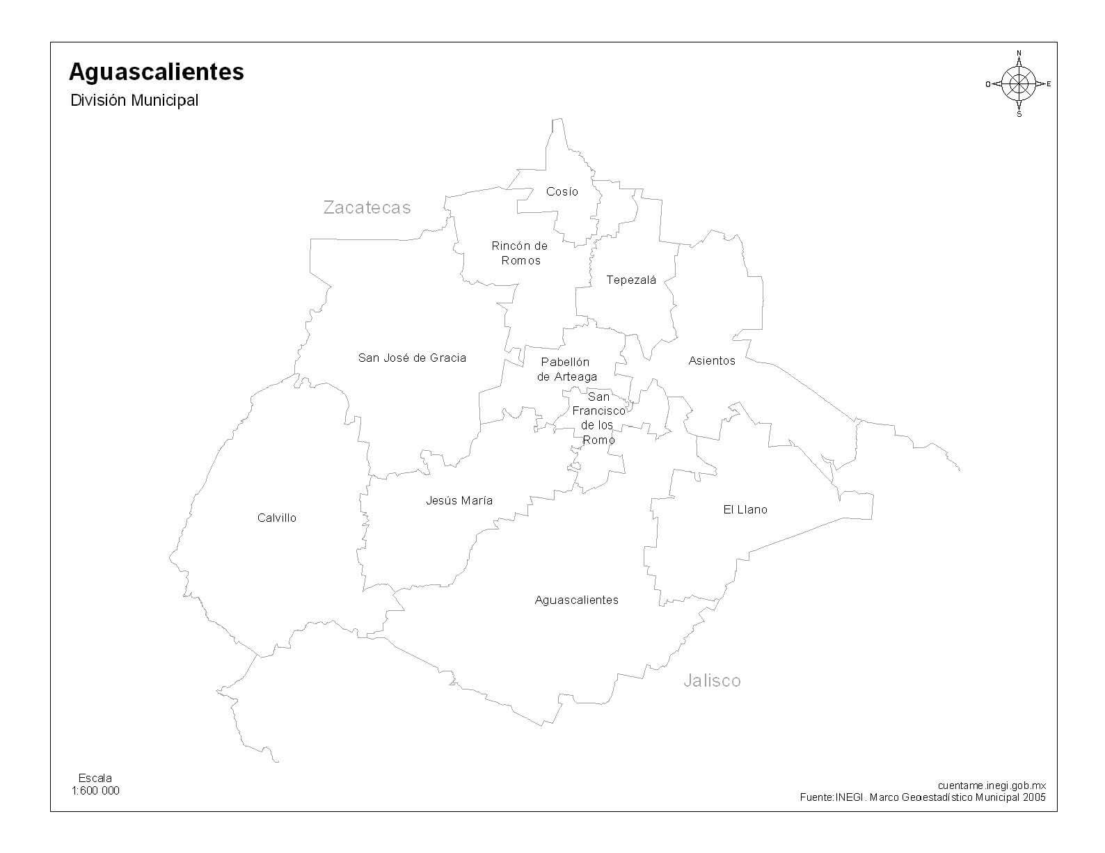 Mapa de aguascalientes blanco y negro con división política