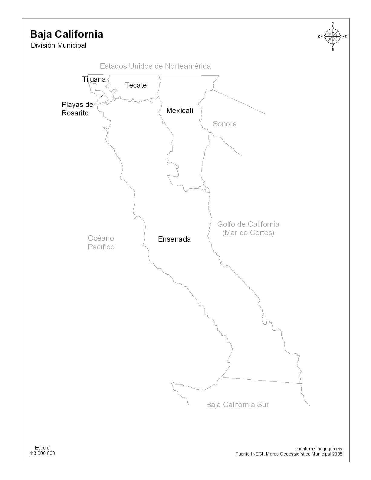 mapa de bajacalifornia con nombres en blanco y negro