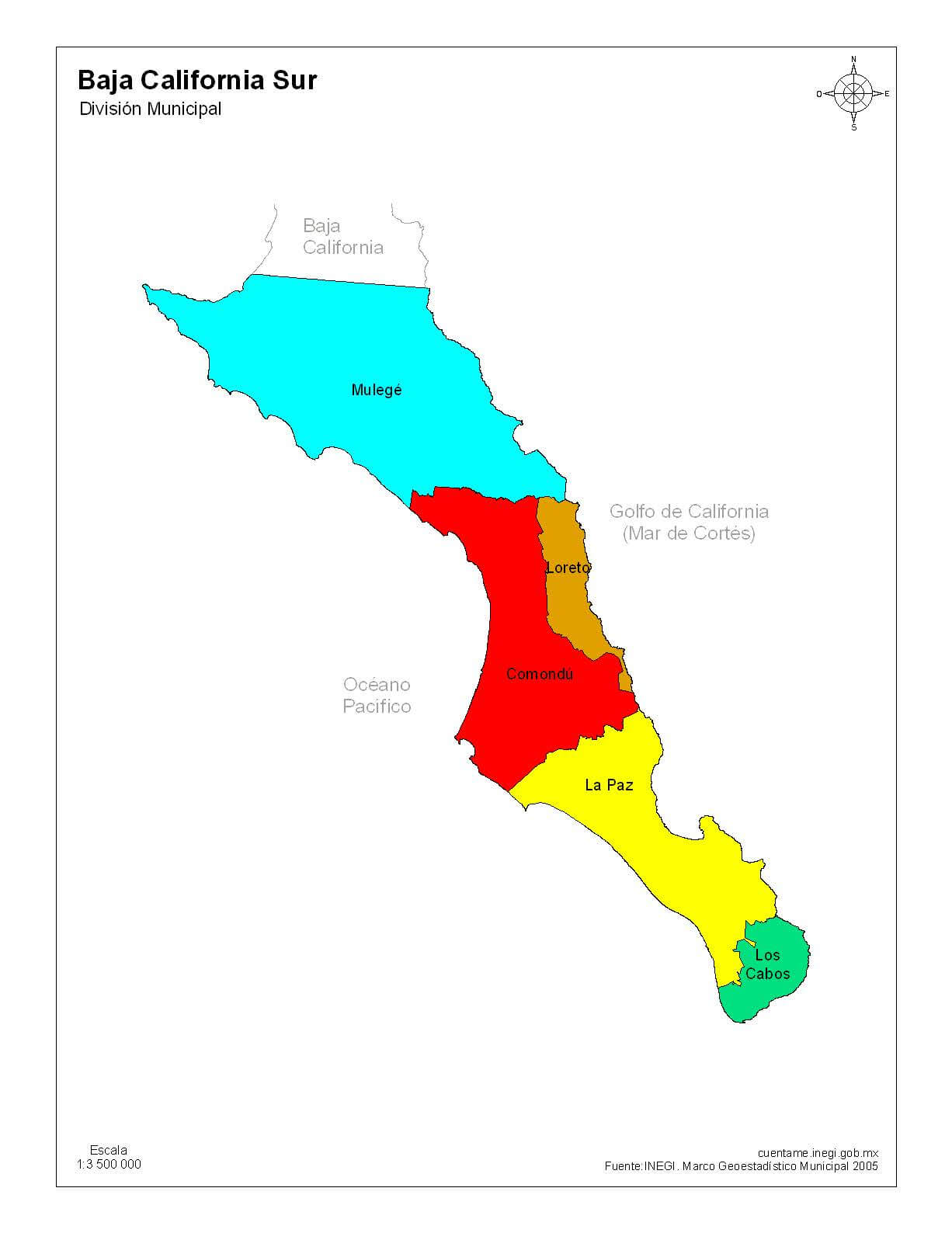 Mapa de Baja California Sur con nombres a color