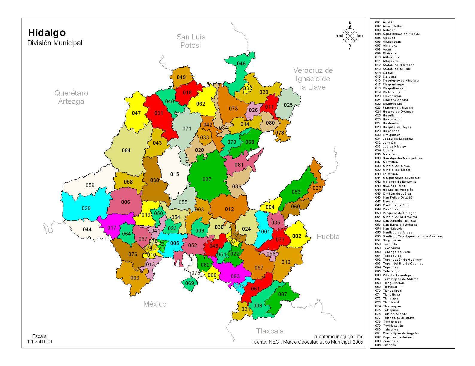 mapa de hidalgo a colores con division municipal
