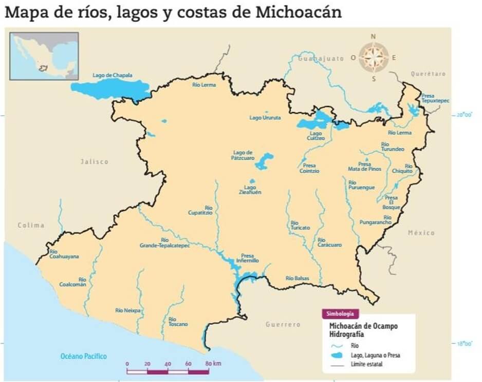 Mapa de los ríos y lagos en Michoacán