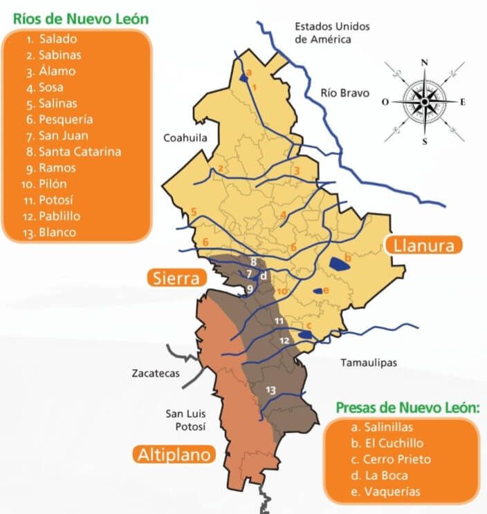 Mapa de los ríos de Nuevo León