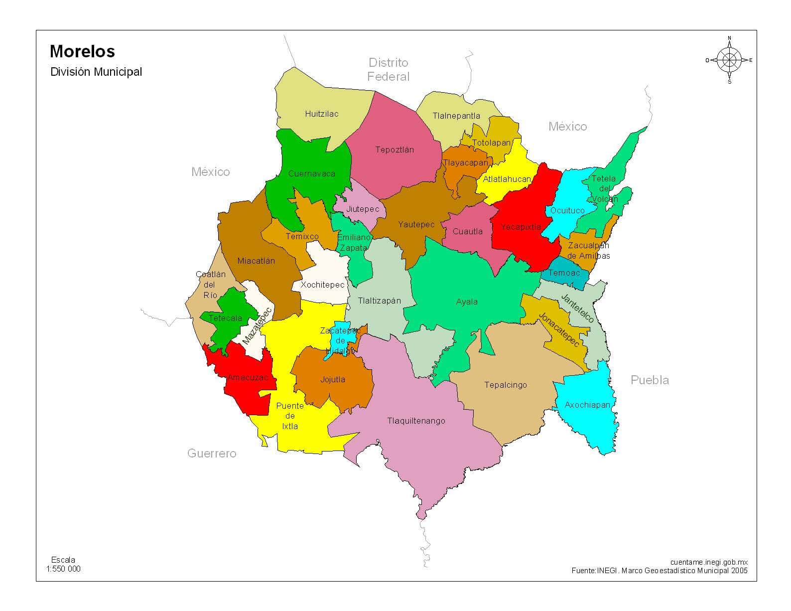 Mapa de Morelos con nombres a color