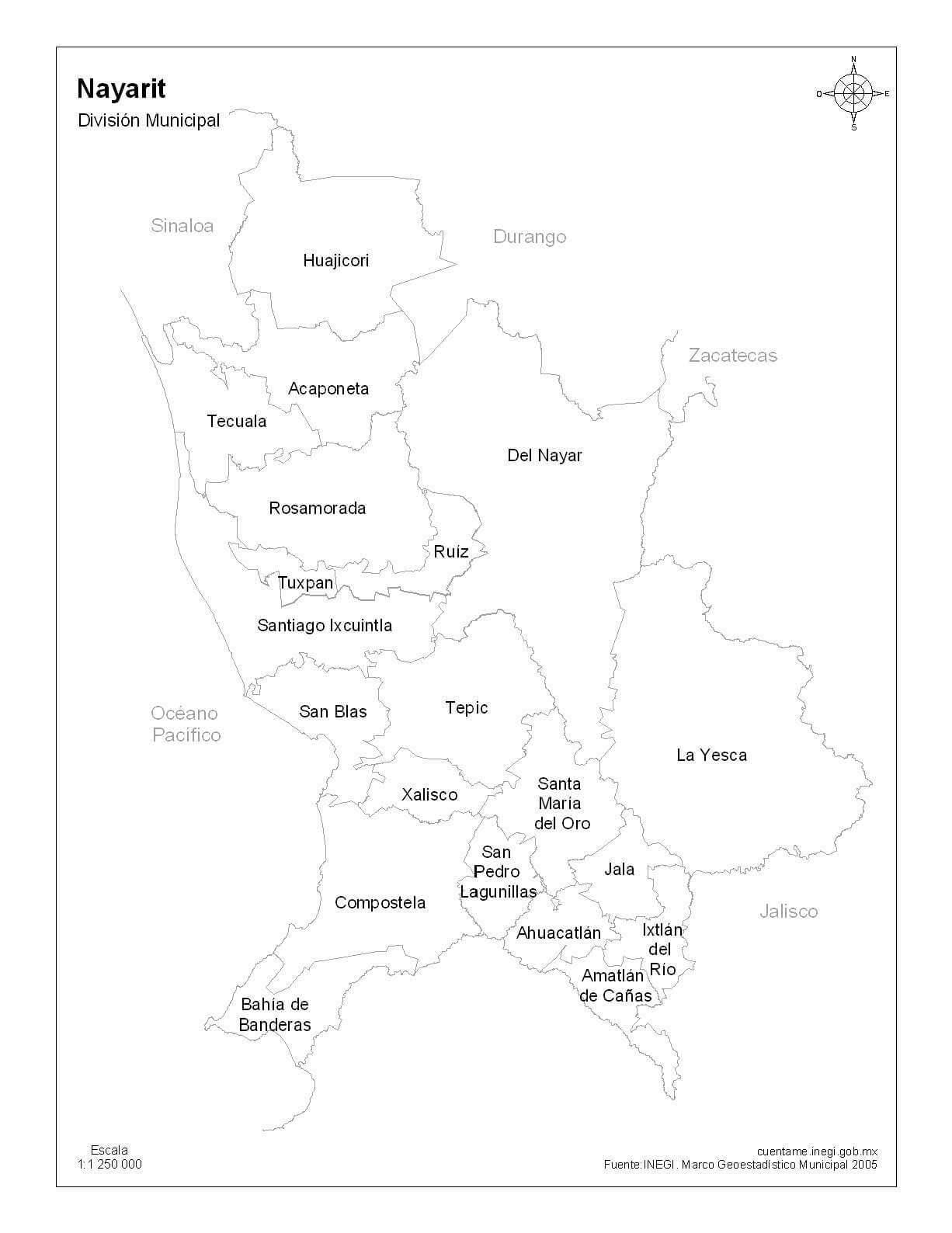 mapa de nayarit con nombres 