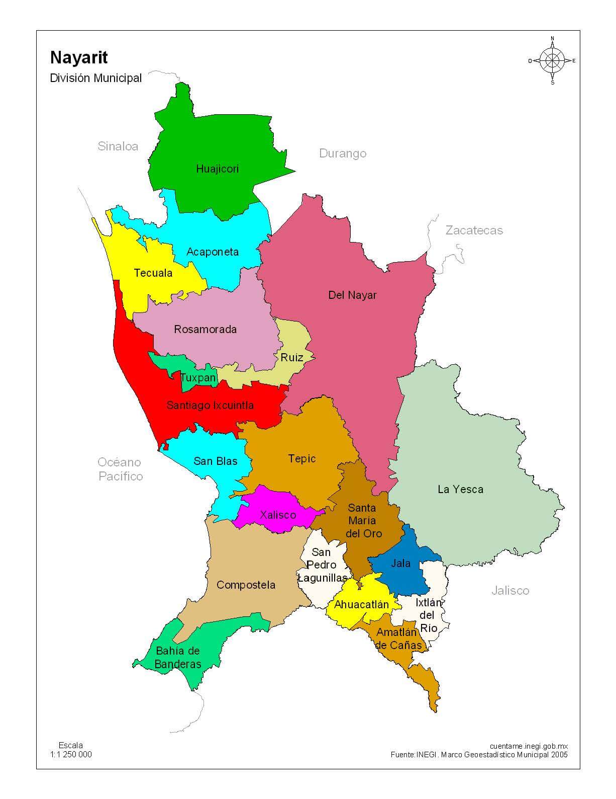 Mapa de Nayarit con nombres a color