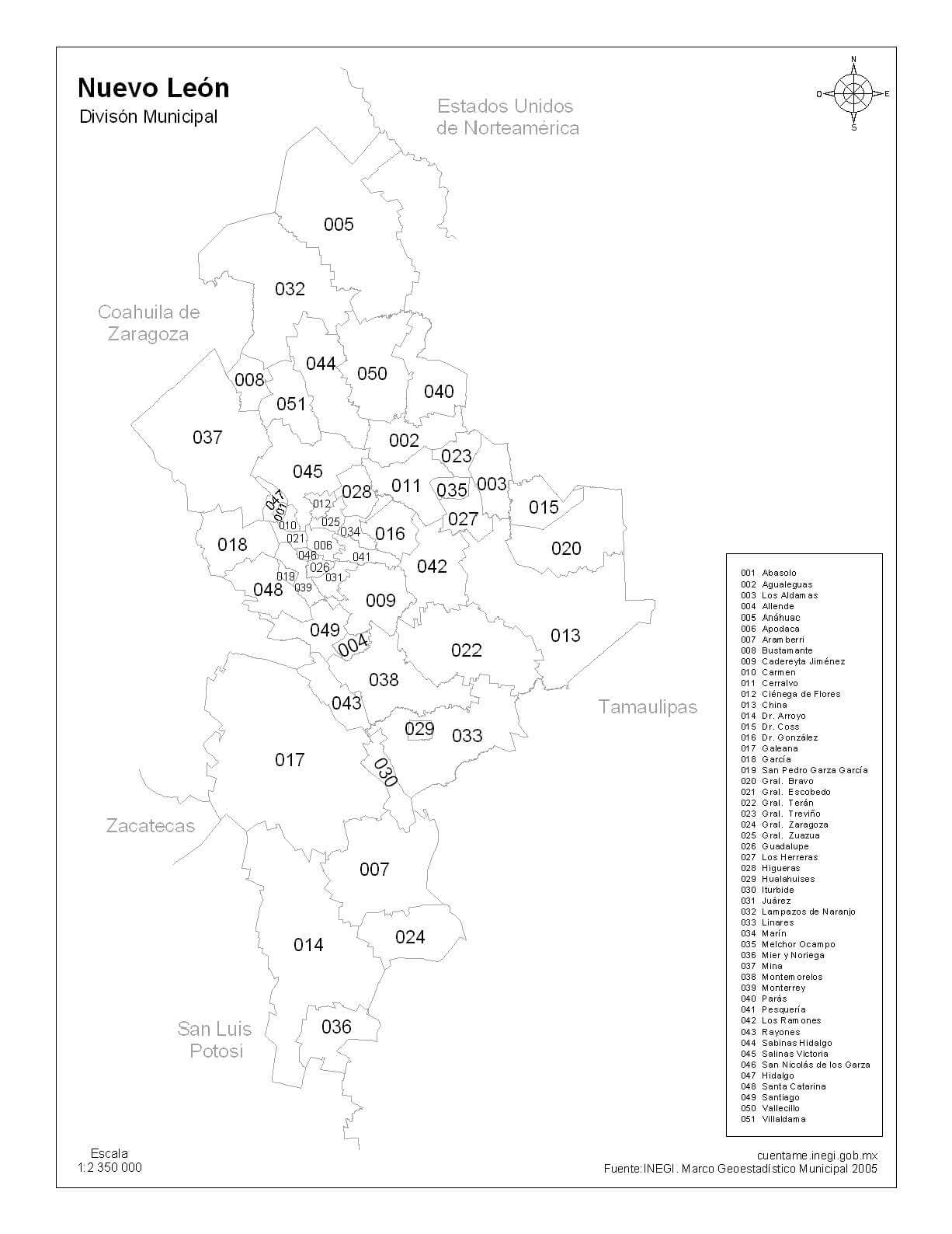 Mapa de Nuevo León con nombres