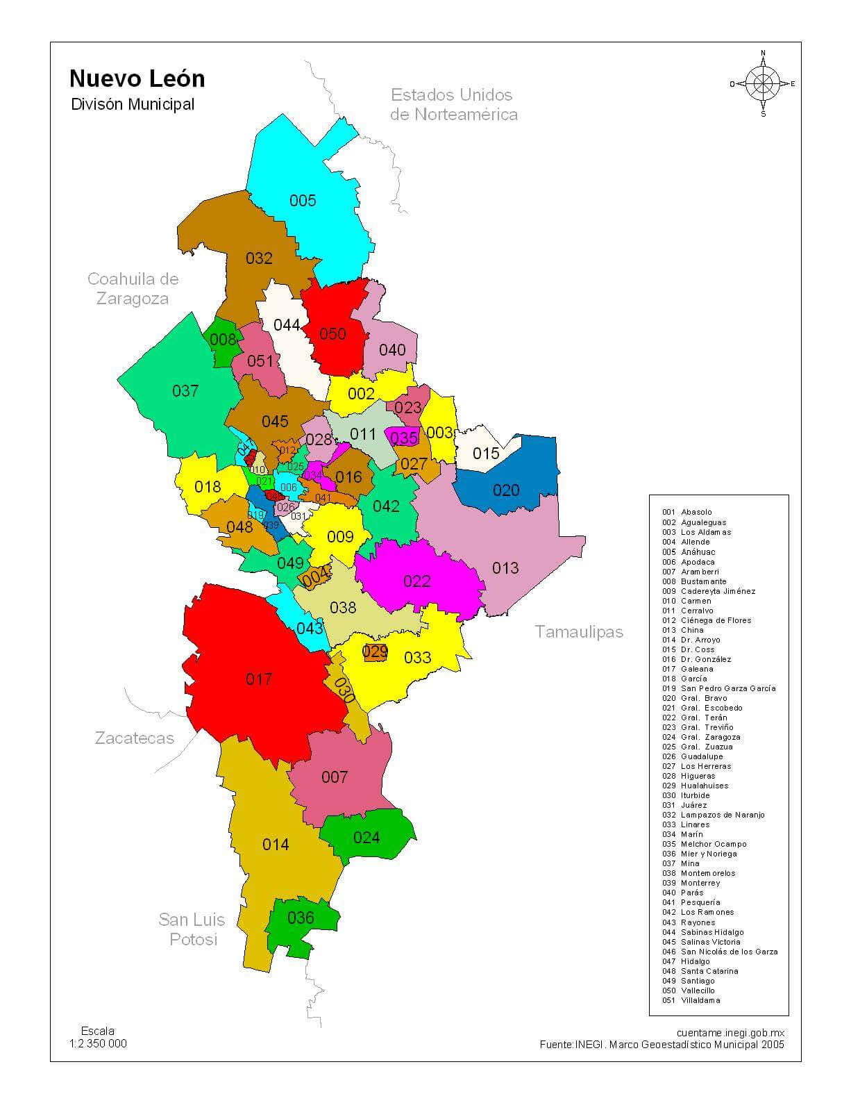 Mapa de Nuevo León con nombres y a color