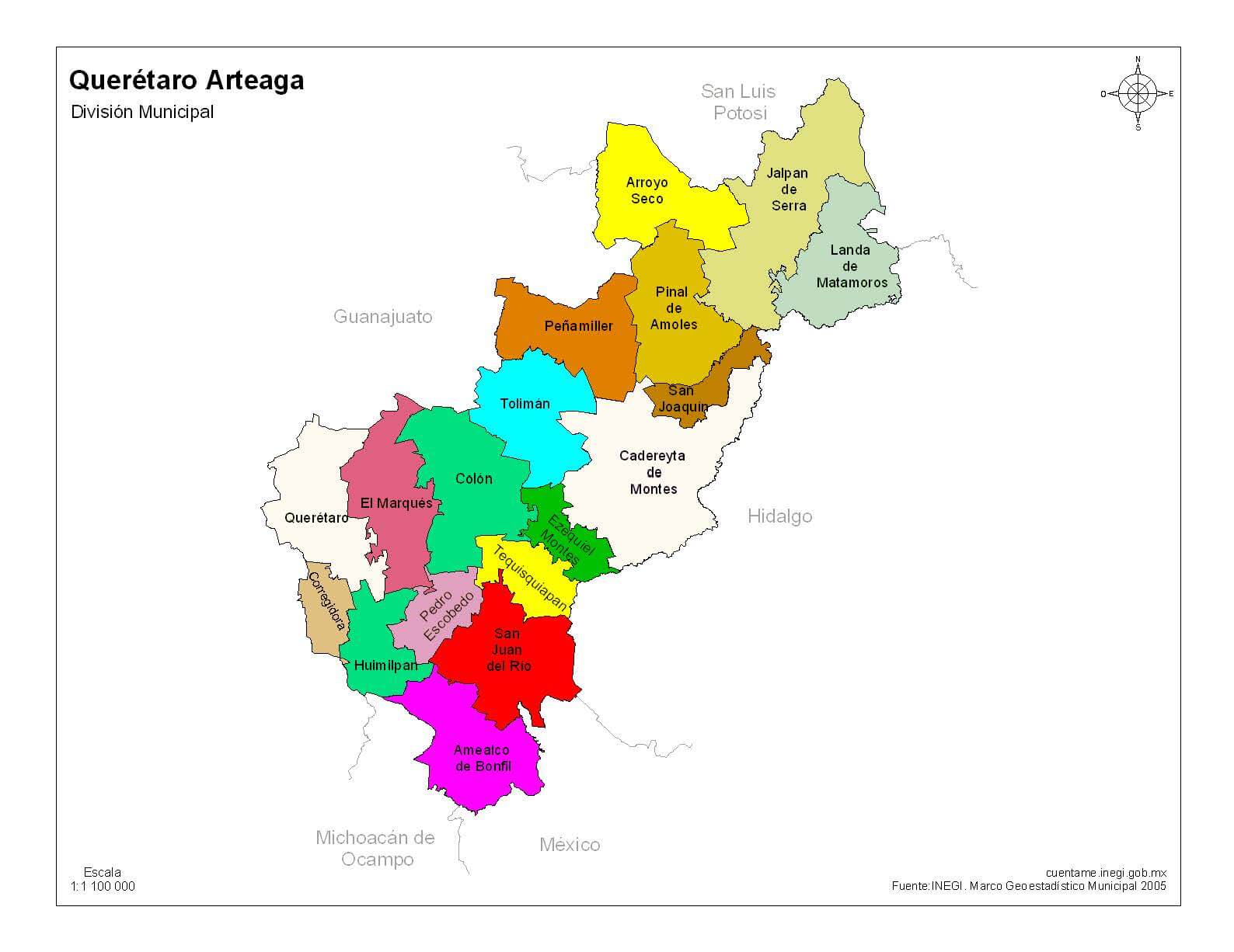 mapa de querétaro con división política a colores