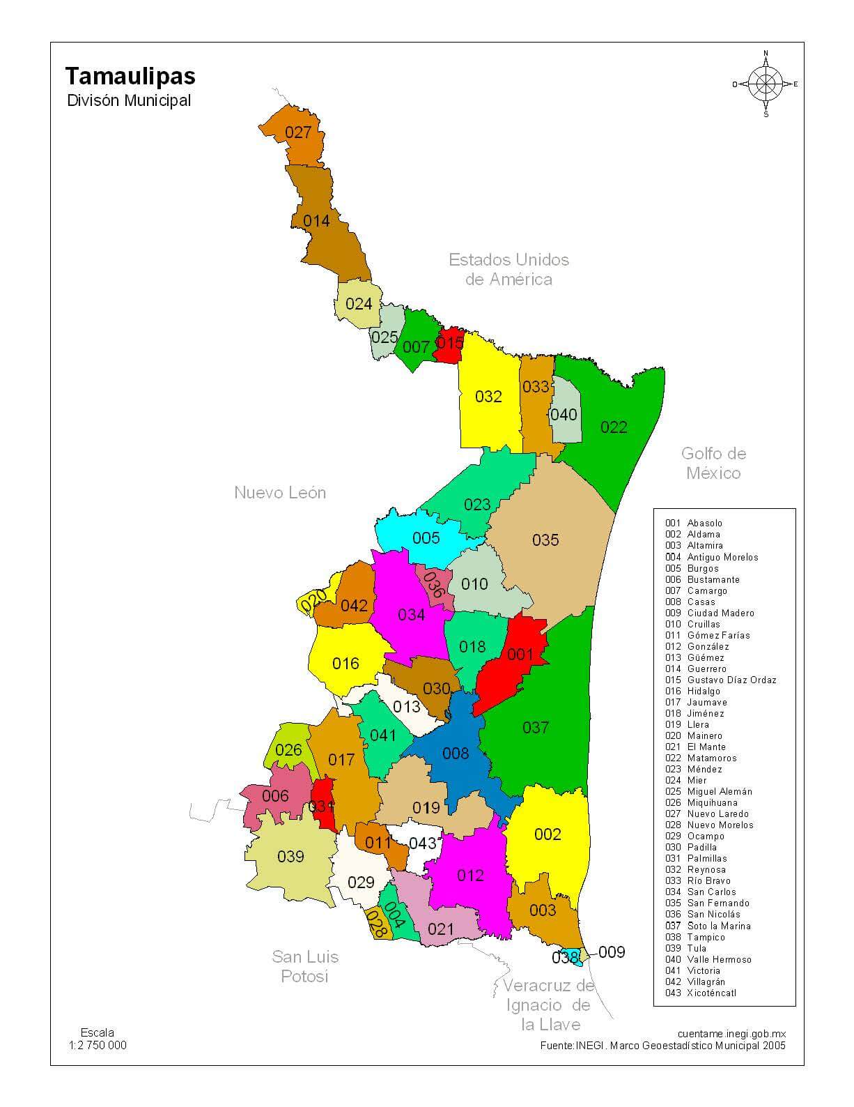 mapa de tamaulipas con nombres a color