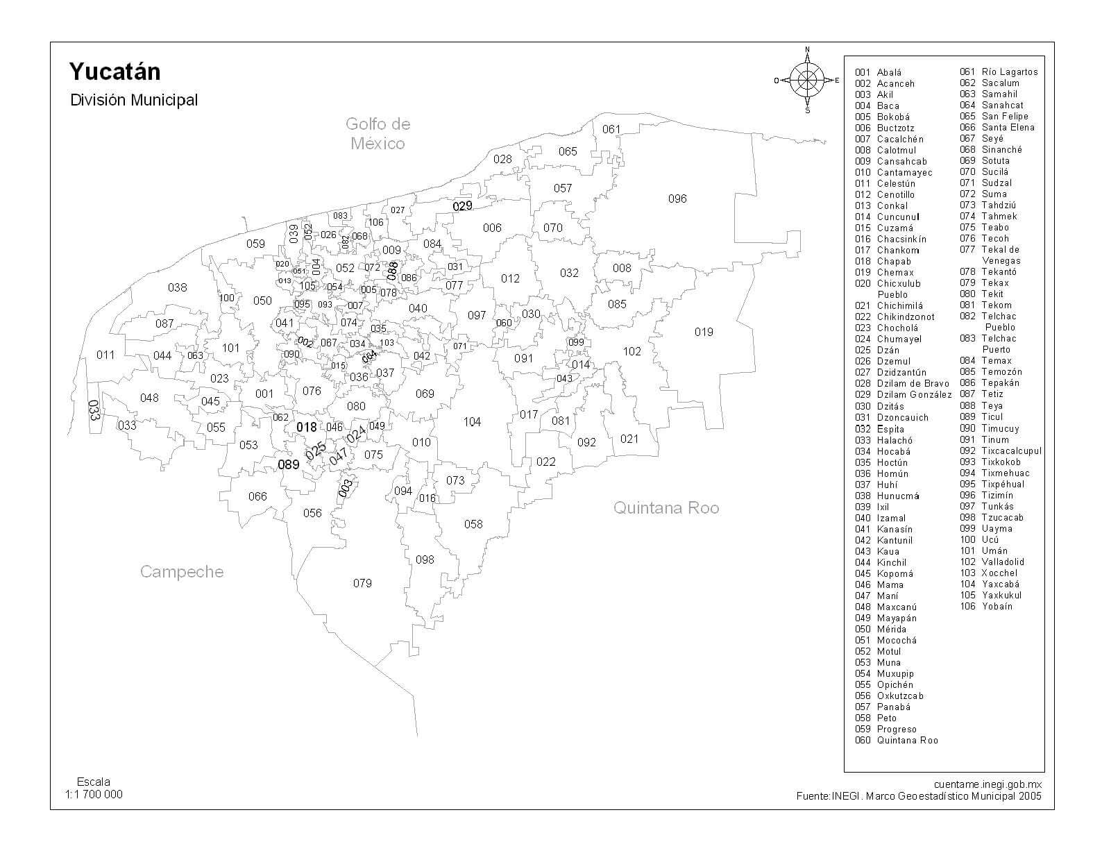 Mapa de Yucatán con nombres a blanco y negro - Descarga en imagen/pdf